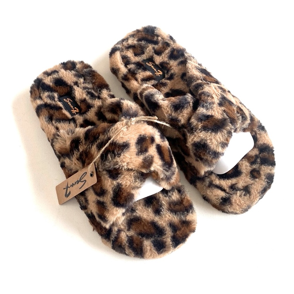 Seven7 Brown, Black, Tan Cheetah, Faux Fur Slippers sandals, Size 10, New in Box